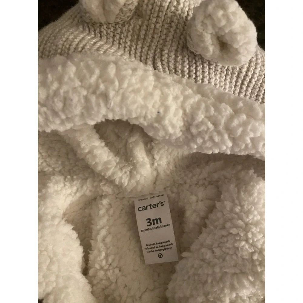 Carter's Hooded Light Gray Sherpa Sweater With‎ Ears Size 3M 3 Months